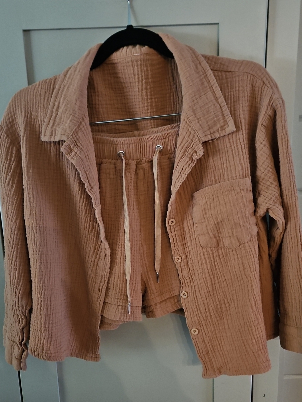 Button-Front Cotton Gauze Shirt/short Set in Peachy Taupe. SzS/M? Ptp22 W14+